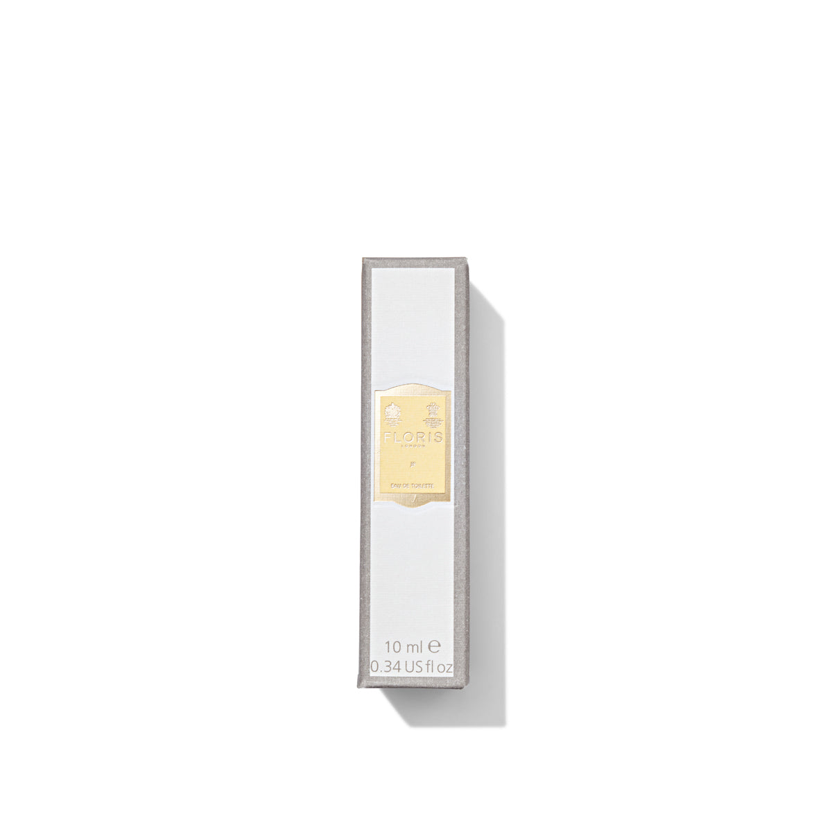 A rectangular white box with a gold label contains 10 ml (0.34 US fl oz) of JF - Eau de Toilette by Floris London, a timeless signature fragrance for men, featuring citrus and woody notes.