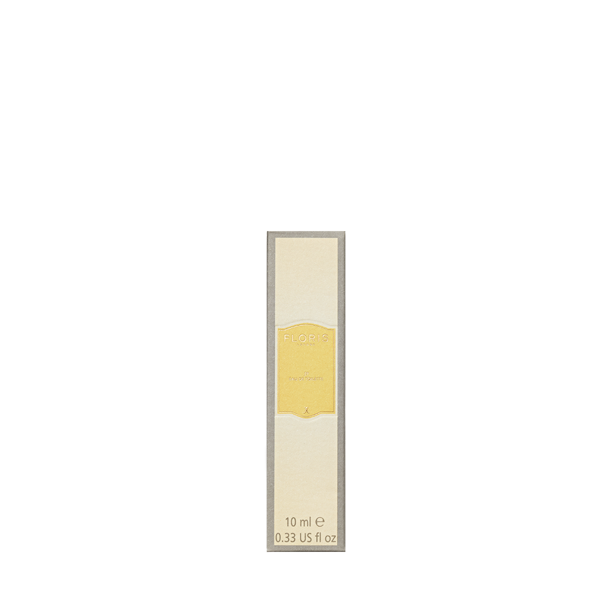 A cream-colored rectangular 10ml box for Floris London's JF - Eau de Toilette stands upright, featuring a small yellow label in the center.