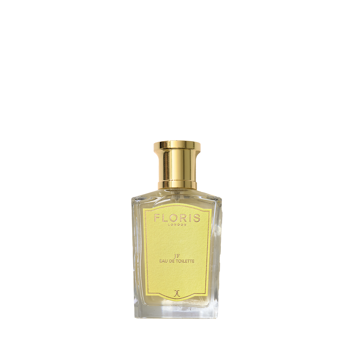 A clear glass bottle of Floris London JF - Eau de Toilette for men, with a gold cap and yellow label, is shown against a white background.