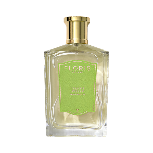Floris London Jermyn Street Eau de Parfum comes in a clear glass bottle with a green label, gold cap, and a hint of gin fragrance.