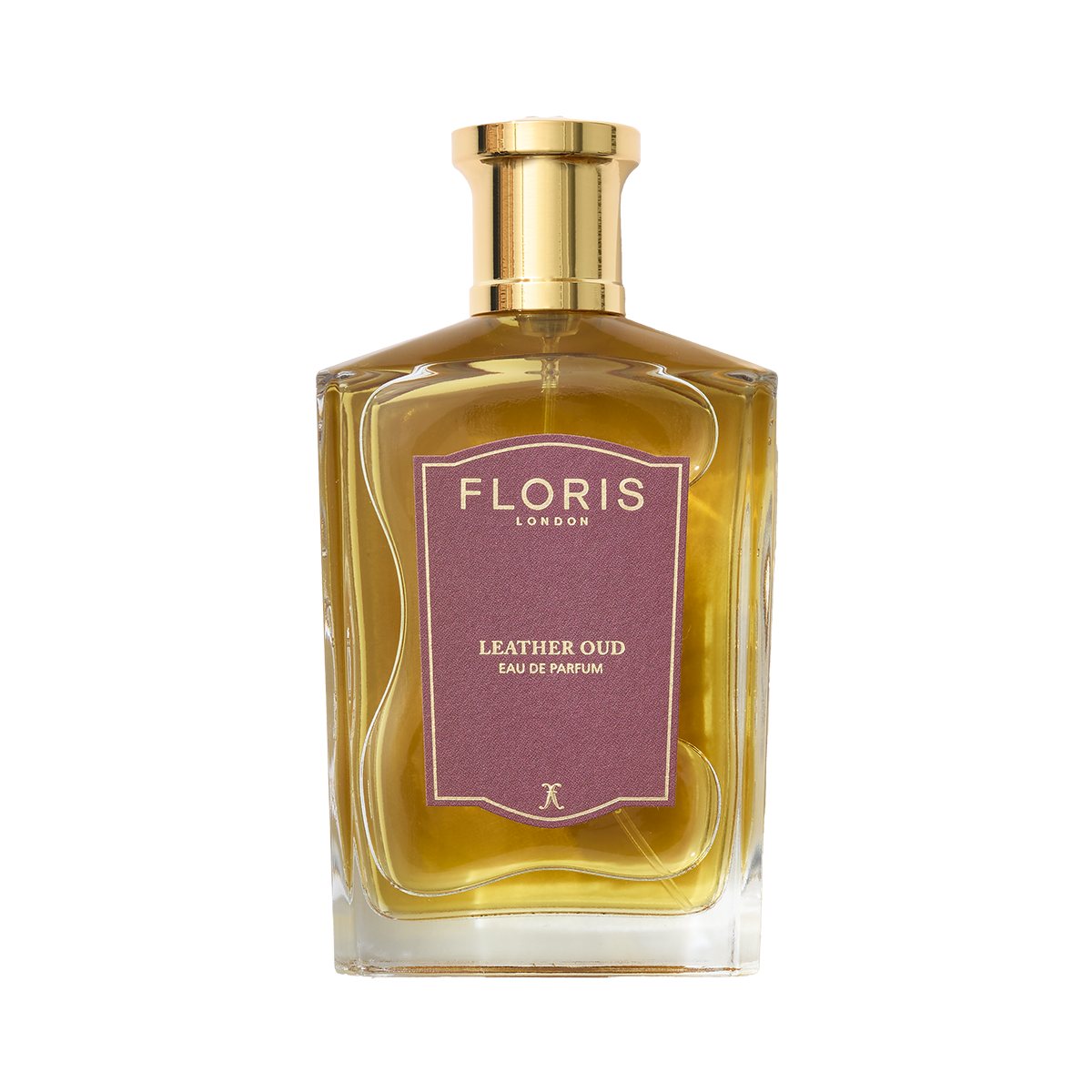 A bottle of Floris London's Leather Oud Eau de Parfum, featuring a gold cap and brown label, enhanced with oud oil.