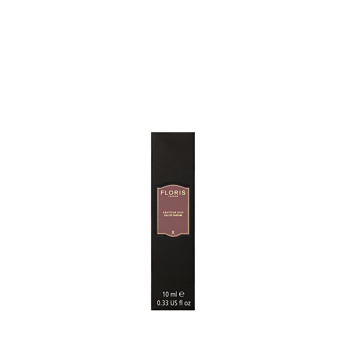 A 10 ml rectangular black box of Floris London Leather Oud Eau de Parfum, a luxury scent with oud oil, displays product details and branding on the label.