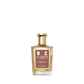 A clear glass bottle of Floris London Leather Oud - Eau de Parfum, with a gold cap and brown label, shown against a plain white background.