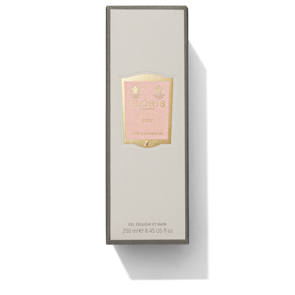 Grey box with light pink and gold label containing Lily Bath & Shower Gel  
