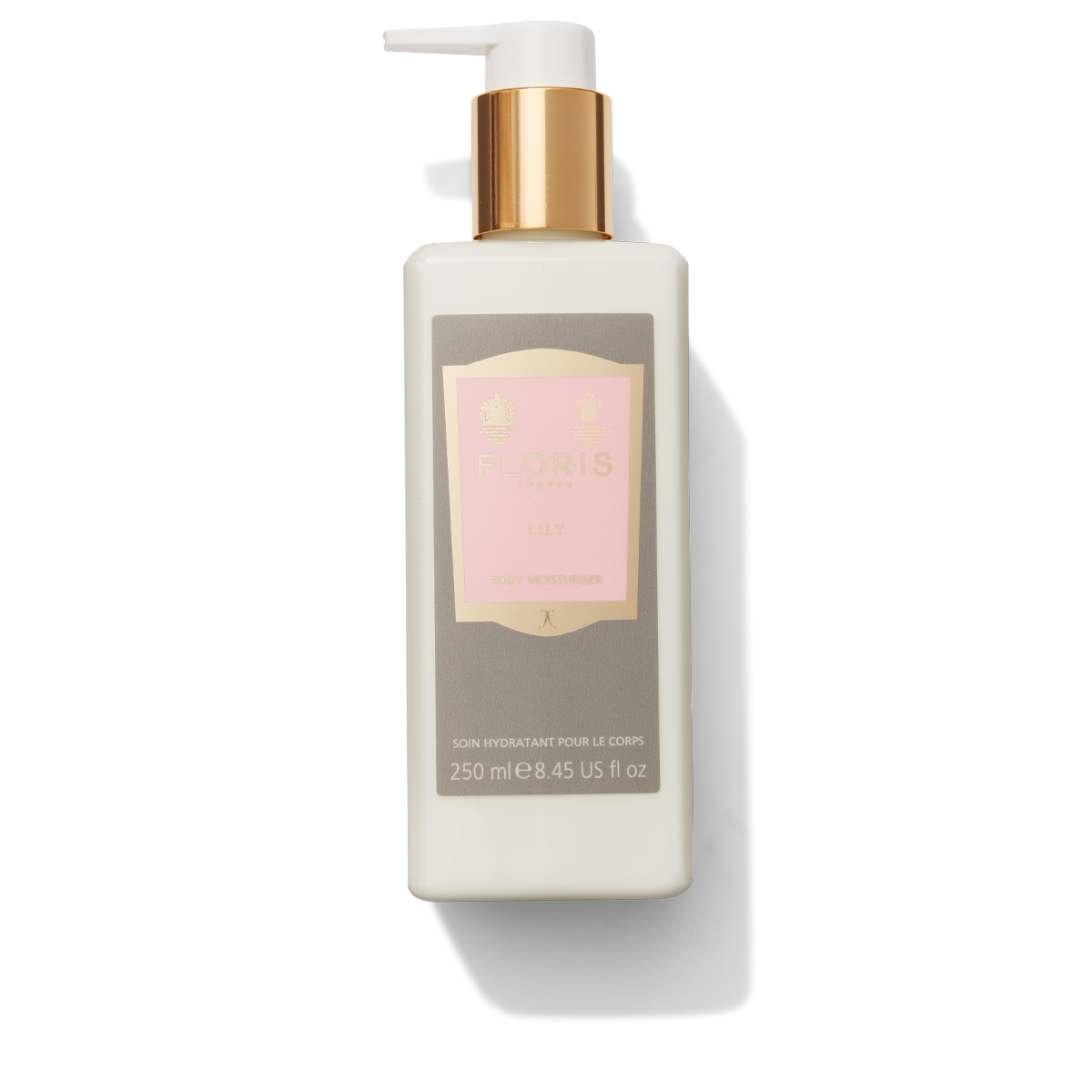 Lily Body Moisturiser in clear plastic pump bottle with light pink and gold label 