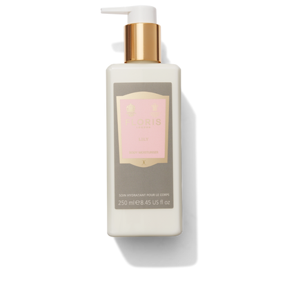 Lily Body Moisturiser in clear plastic pump bottle with light pink and gold label 