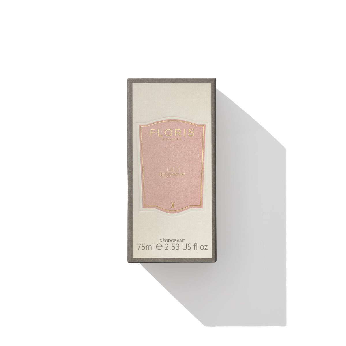 A rectangular box labeled "Lily Deodorant Stick" from Floris London EU, containing 75ml (2.53 US fl oz) of product, features a pink and gold design on the front and offers an alcohol-free formula perfect for sensitive skin.