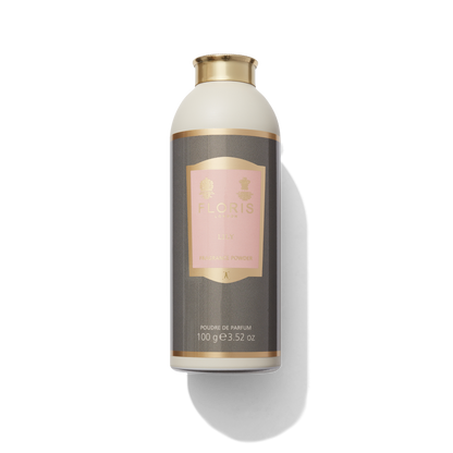 Lily Fragrance Powder in grey round plastic bottle with light pink and gold label 