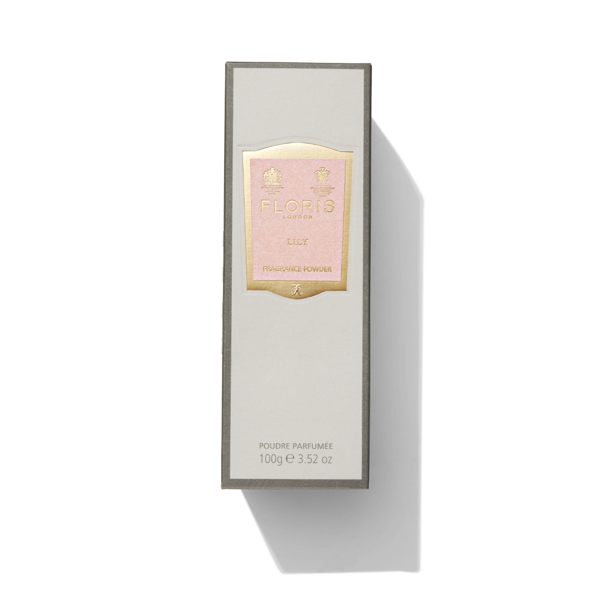 Grey box with light pink and gold label containing Lily Fragrance Powder