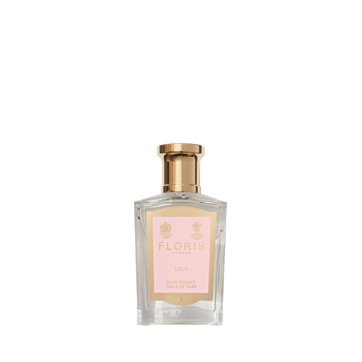 Floris London EU Lily - Bath Essence in a clear glass bottle with gold cap and pink label, featuring a delicate floral green scent, set on white.