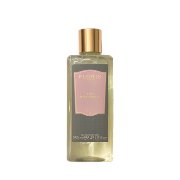 A transparent 250ml Floris London EU Lily Bath & Shower Gel with a floral scent, gold cap, pink label, and olive oil infusion.