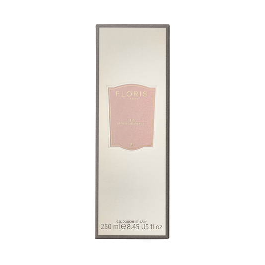 Floris London EU Lily Bath & Shower Gel 250ml in a rectangular box with a pale pink label, gray border, shown on a white background.