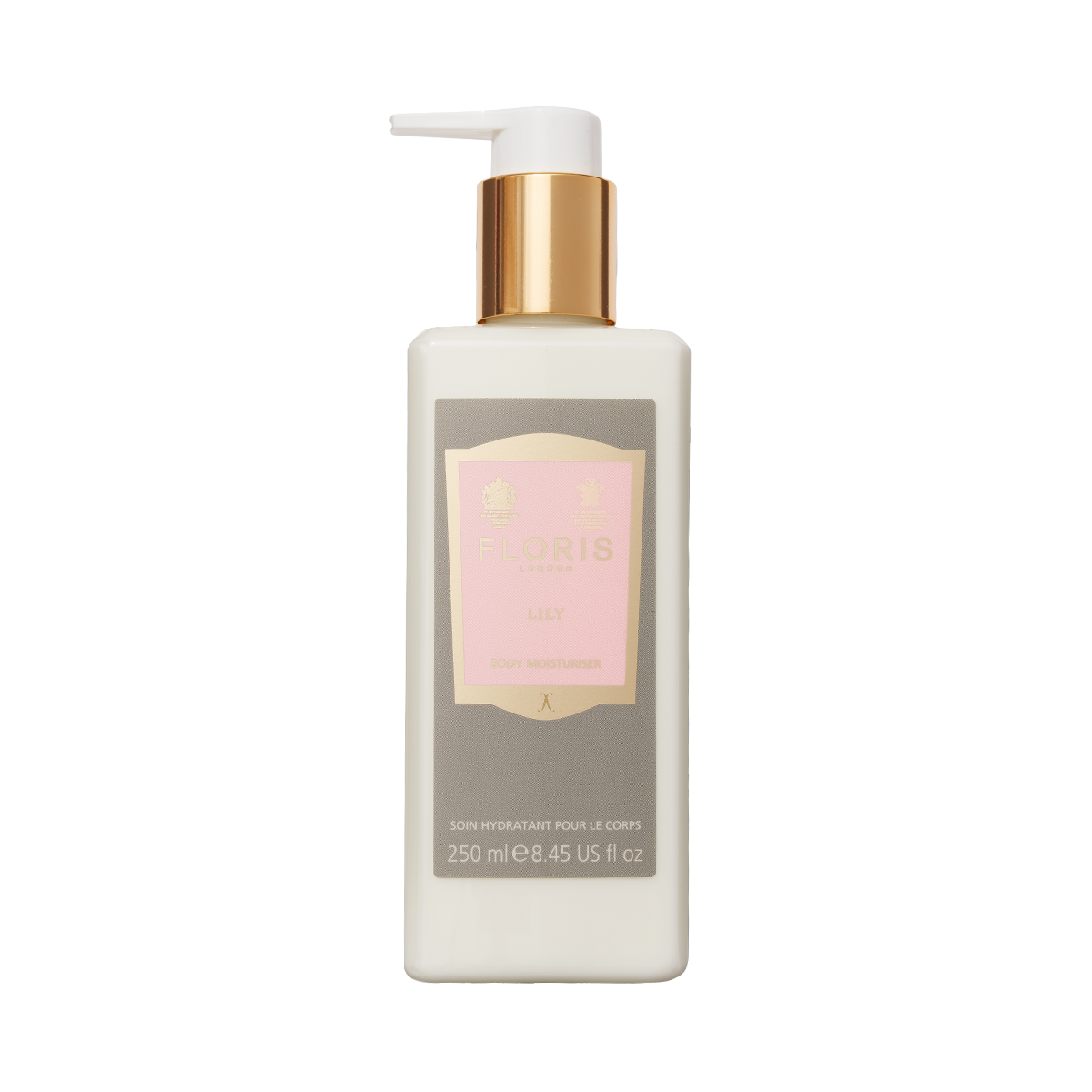 A 250ml rectangular bottle of Floris London EU Lily - Body Moisturiser with aloe vera, white pump, gold accents, and a pink and gold label.