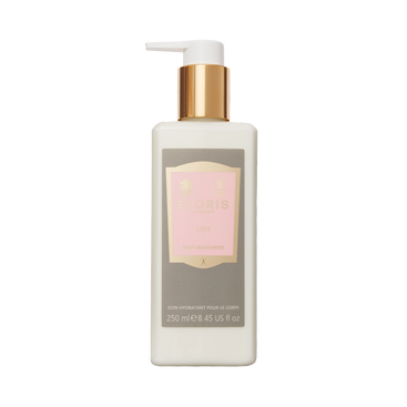 A 250ml rectangular bottle of Floris London EU Lily - Body Moisturiser with aloe vera, white pump, gold accents, and a pink and gold label.