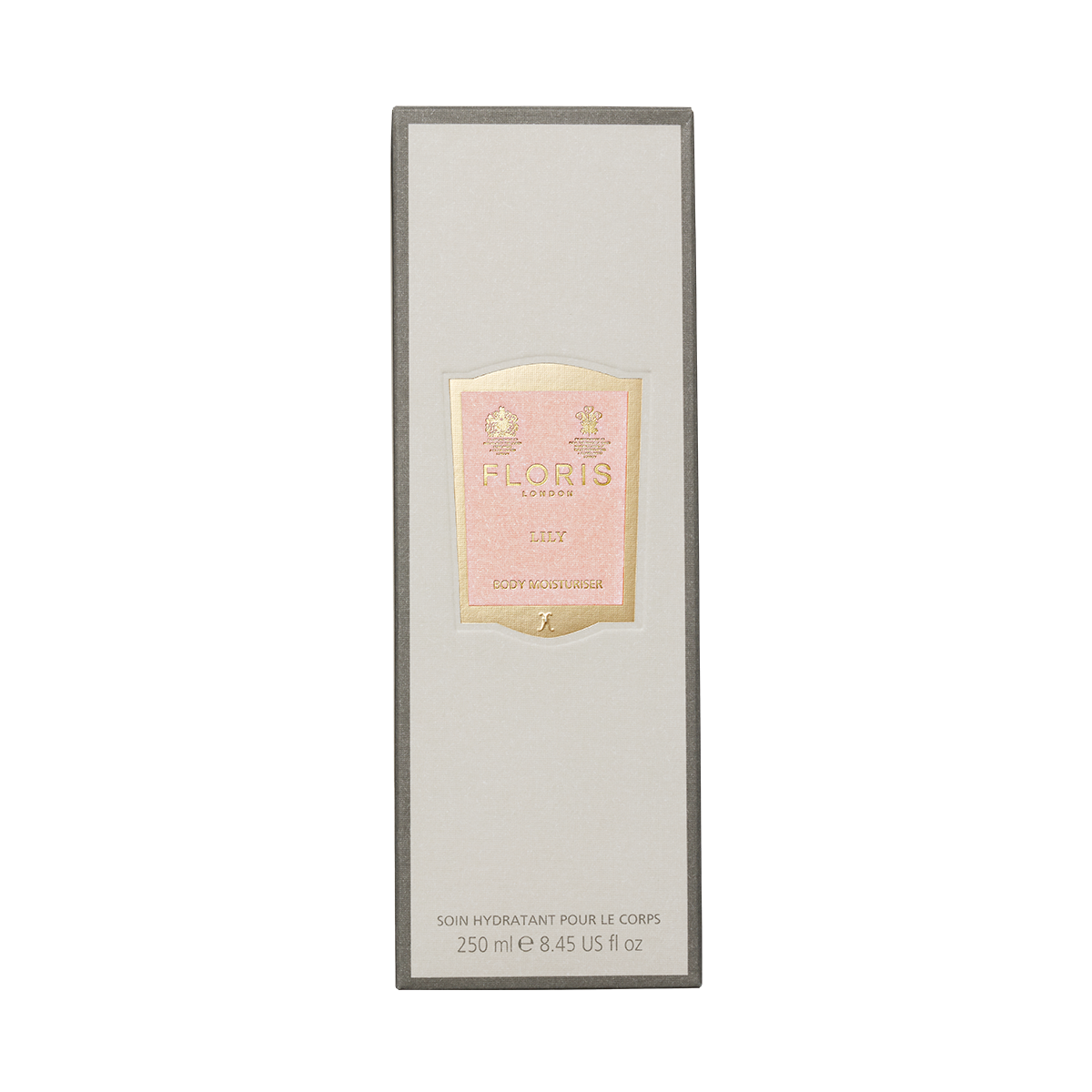 Rectangular box of Floris London EU Lily - Body Moisturiser 250ml with sweet almond oil and cream-gold label in English and French.