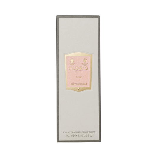 Rectangular box of Floris London EU Lily - Body Moisturiser 250ml with sweet almond oil and cream-gold label in English and French.
