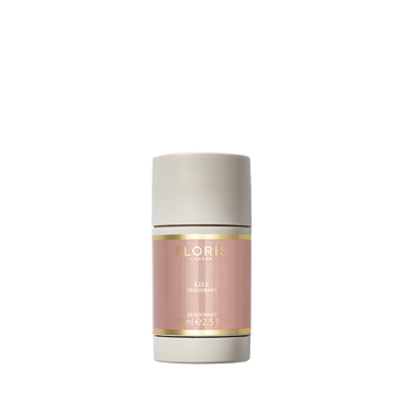 The Floris London EU Lily Deodorant Stick is an aluminium-free, cylindrical deodorant ideal for sensitive skin, with a pale pink and gold label.