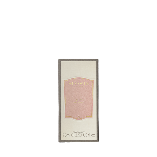 A rectangular box of Floris London EU Lily Deodorant Stick, 75ml, with a pale pink and gold label—aluminium-free and gentle for sensitive skin.