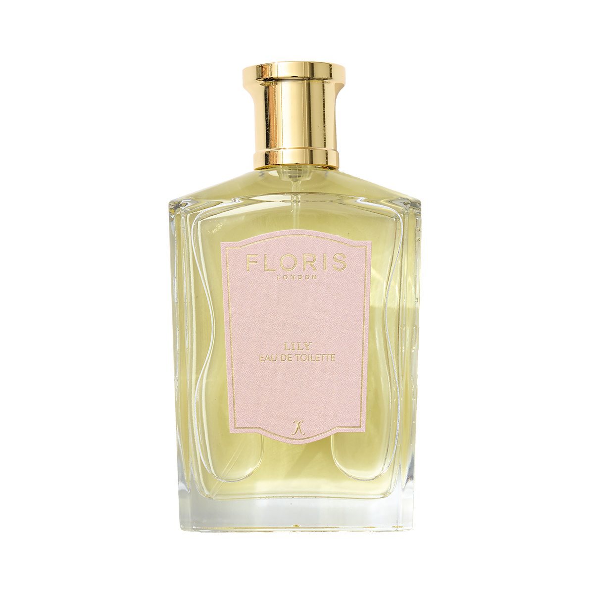 A clear glass bottle of Floris London EU Lily - Eau de Toilette, a floral scent with lily of the valley, displayed against a white background.