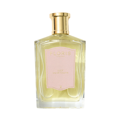 A clear glass bottle of Floris London EU Lily - Eau de Toilette, a floral scent with lily of the valley, displayed against a white background.