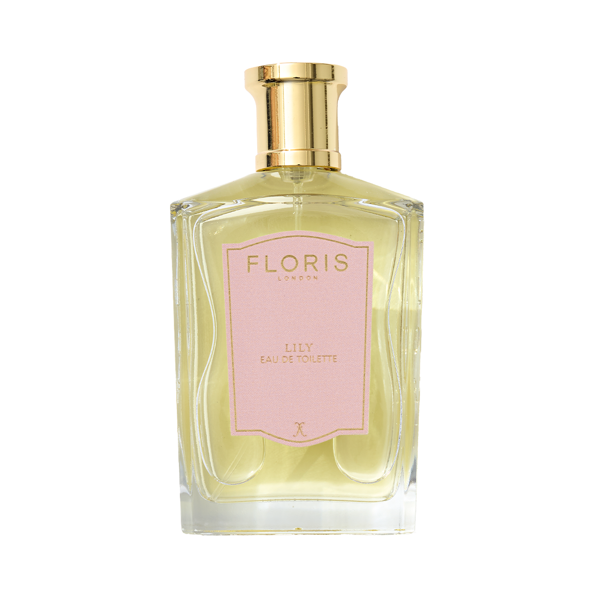 A clear glass bottle of Floris London EU Lily - Eau de Toilette, featuring a gold cap, pink label, and yellow liquid with lily of the valley notes.