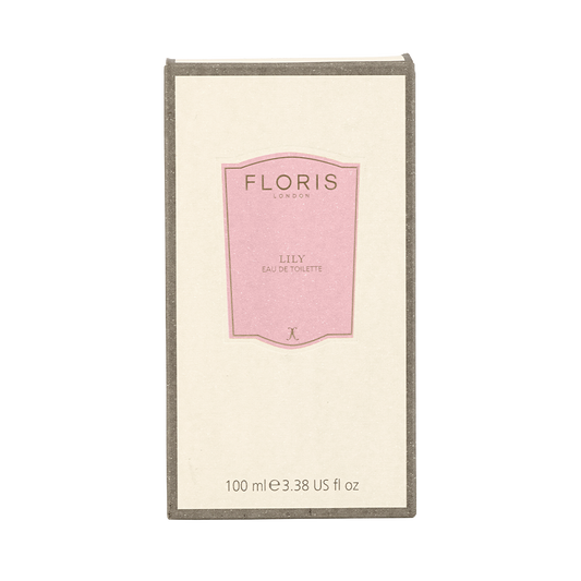 Rectangular box of Floris London EU Lily - Eau de Toilette, a lily of the valley scent, with a pink label on cream background, 100 ml.