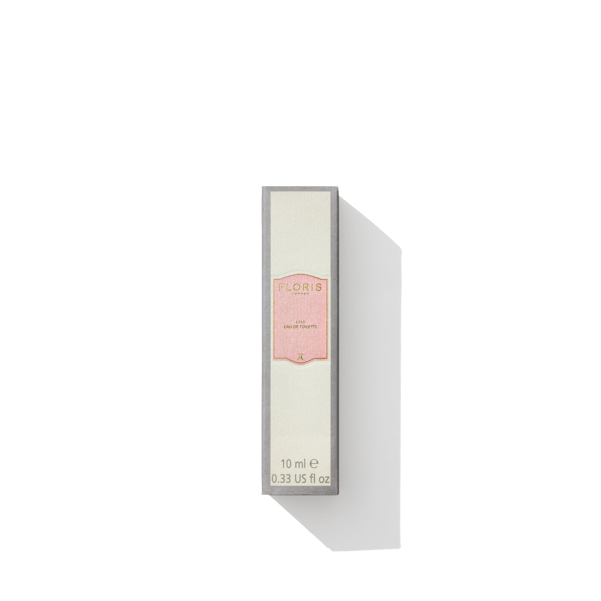 A 10 ml (0.33 US fl oz) Floris London EU Lily - Eau de Toilette bottle in its packaging, capturing the delicate essence of lily of the valley, shown against a white background with a minimalistic shadow extending to the right.