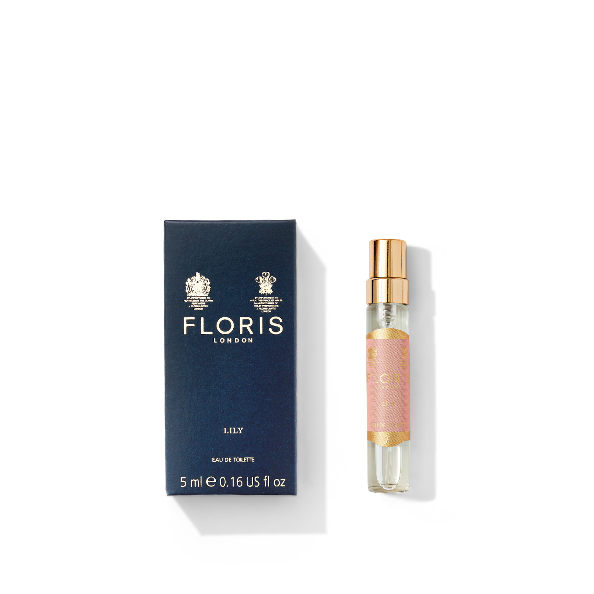 Floris London's Lily - Eau de Toilette, 5 ml bottle next to its box, is set against a dark background with gold highlights.