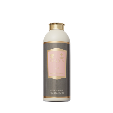 A 100g (3.52 oz) cylindrical Floris London EU Lily – Fragrance Powder with aloe vera, gold cap, and a pink and gold label is displayed.