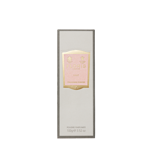 A 100g Floris London EU Lily - Fragrance Powder box with aloe vera has a gold and pink label set on a plain white background.