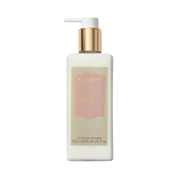 A rectangular bottle of Lily - Luxury Hand Lotion by Floris London EU with a gold cap and pink label—ideal for moisturizing and soothing dry skin.