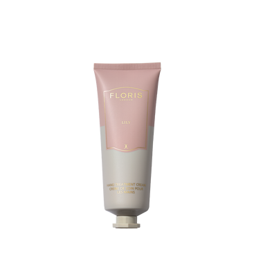 A tube of Floris London EU Lily - Hand Treatment Cream with a pink and gray design is displayed upright against a plain white background.