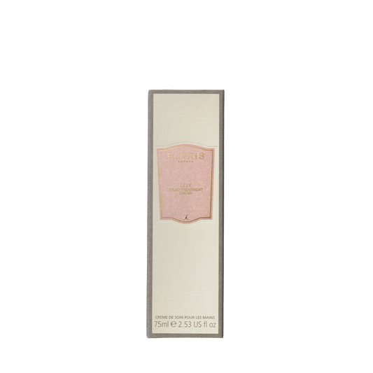 Floris London EU Lily - Hand Treatment Cream, 75ml, in a rectangular box with a pink and gold label—a luxurious treat for your hands.