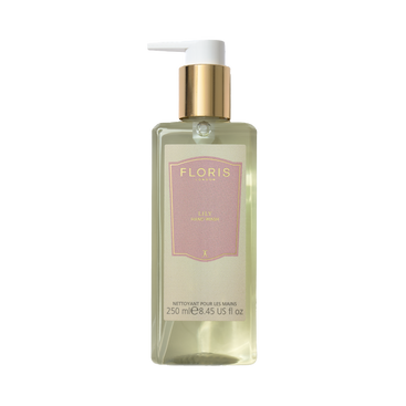 A 250ml rectangular Floris London EU Lily - Luxury Hand Wash with pump dispenser, pink label, and uplifting floral fragrance.