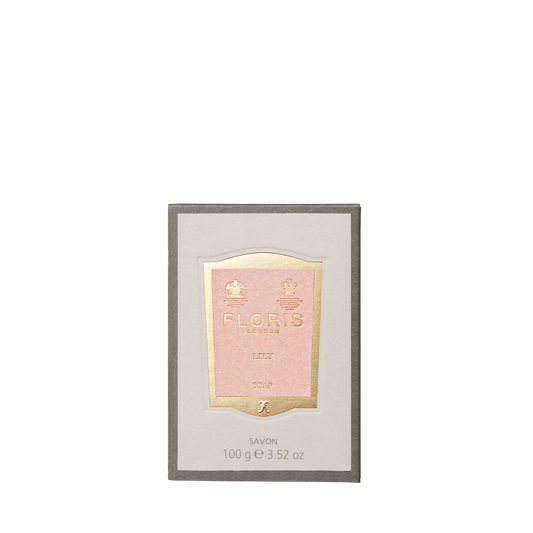 Floris London EU Lily - Luxury Soap, 100g, features a floral green scent, rich shea butter, and comes in a pink and gold rectangular box.
