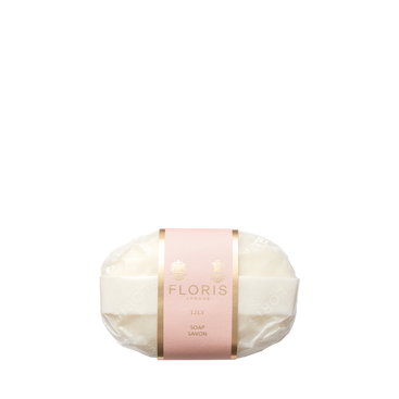 A Floris London EU Lily - Luxury Soap bar with shea butter and a floral green scent, pink-gold label, shown on a plain white background.