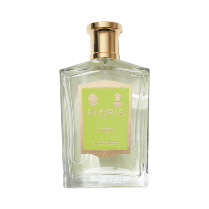 A clear glass bottle of Floris London Limes - Eau de Toilette with a gold cap and label is displayed on a white background.