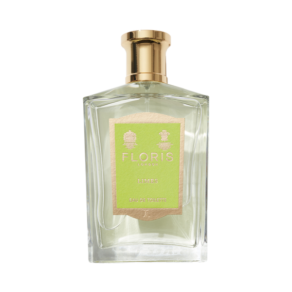 A bottle of Floris London's Limes Eau de Toilette has a gold cap and green label, offering vibrant citrus fragrance with hints of lemon zest.