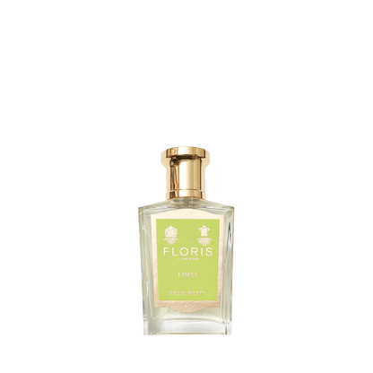 A clear glass bottle of Floris London Limes - Eau de Toilette, a unisex citrus scent with a musk base, displayed against a plain white background.