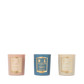 The Floris London EU Miniature Candle Collection features three scented candles in pink, blue, and cream holders, arranged against a white background.