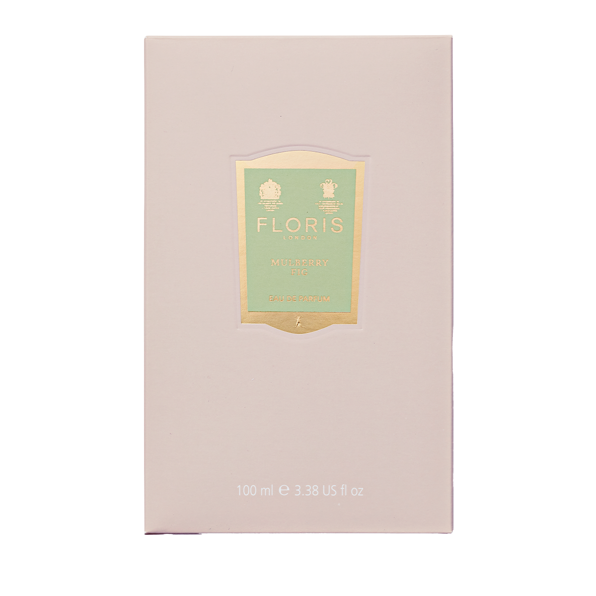 A light pink 100 ml box of Floris London Mulberry Fig Eau de Parfum features a gold-green label and a soft floral amber fragrance.