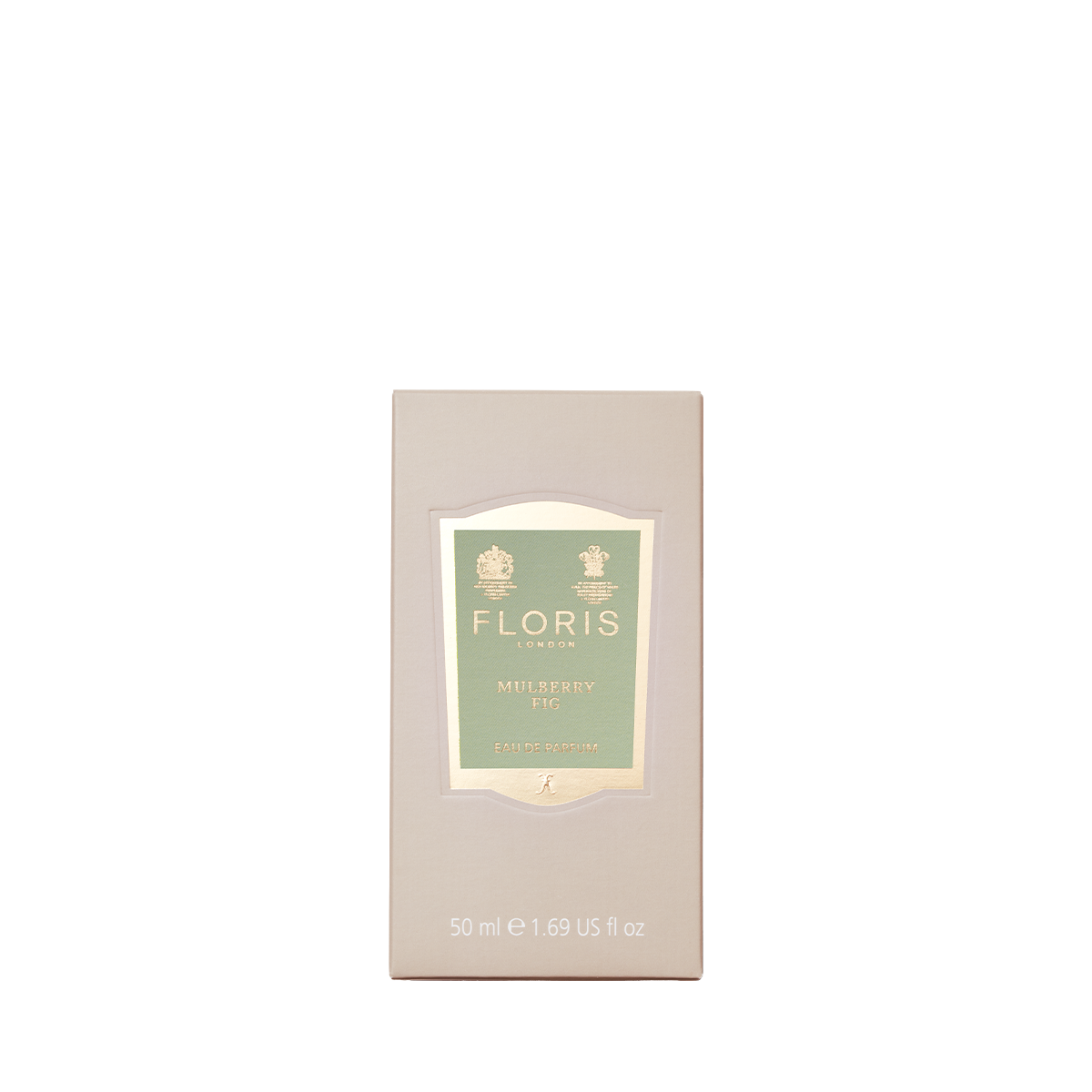 A beige box of Floris London Mulberry Fig Eau de Parfum, 50 ml, with a pale green and gold label on the front.