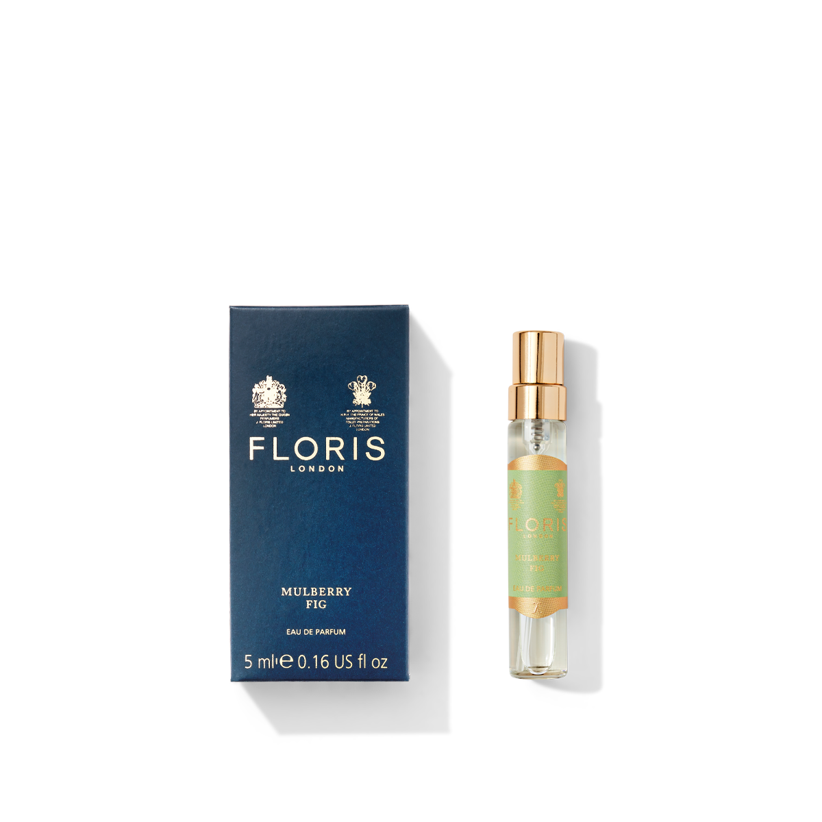 A box of Floris London's Mulberry Fig- Eau de Parfum is next to a 5ml spray bottle featuring a gold cap.