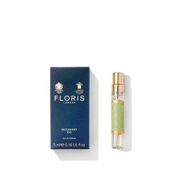 A box of Floris London's Mulberry Fig- Eau de Parfum is next to a 5ml spray bottle featuring a gold cap.