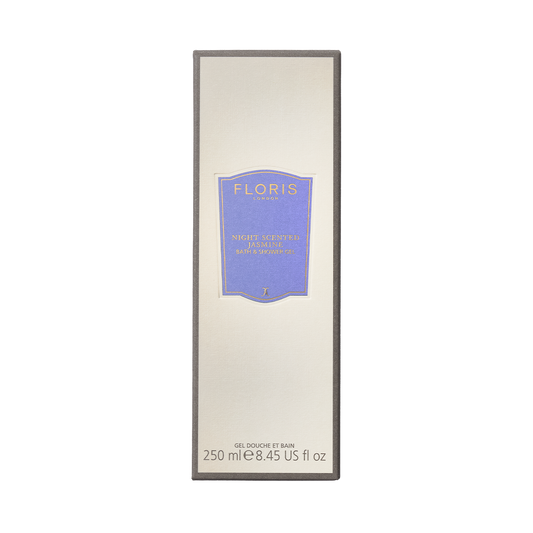 A rectangular Floris London box labeled "Night Scented Jasmine - Moisturising Bath & Shower Gel," a floral 250 ml cream and purple body wash.