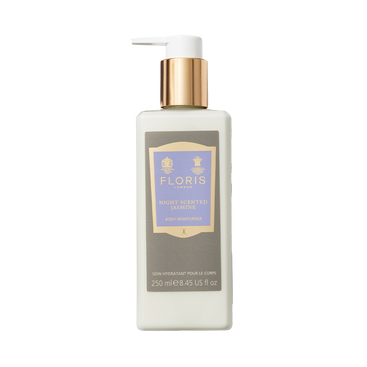 A 250ml rectangular bottle of Floris London Night Scented Jasmine - Enriched Body Moisturiser with pump, gold cap, and vitamin E.