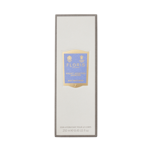 A 250ml rectangular box of Floris London Night Scented Jasmine Enriched Body Moisturiser, with a cream label featuring gold and purple accents.