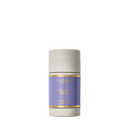 Beige and purple floral deodorant stick "Night Scented Jasmine" by Floris London, ideal for sensitive skin and enriched with vitamin E.