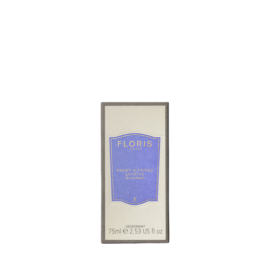 A rectangular box of Floris London EU Night Scented Jasmine Deodorant Stick, 75ml, aluminium-free and gentle for sensitive skin, with a purple label.