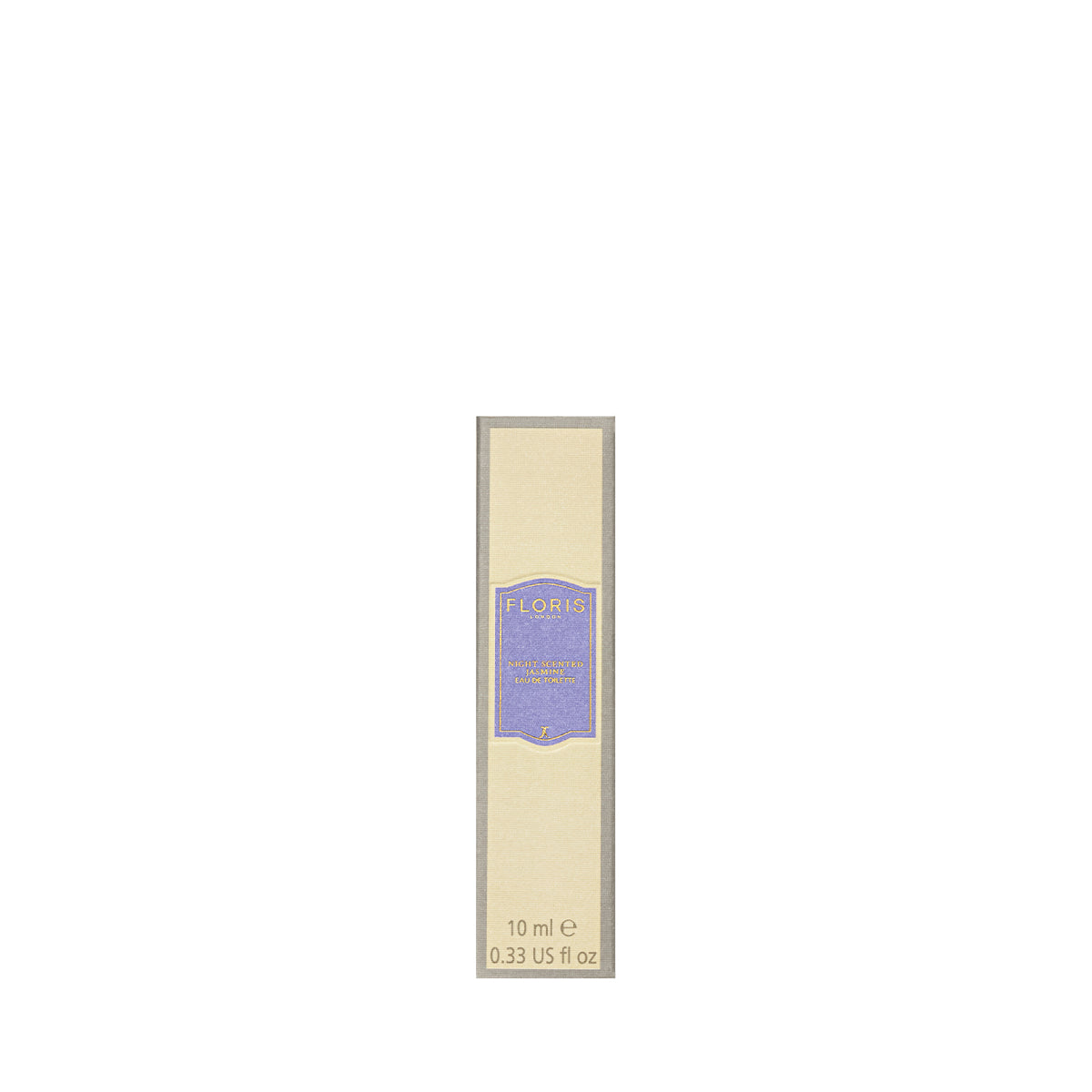 A small beige Floris London box with a purple label contains 10 ml (0.33 US fl oz) of Night Scented Jasmine, infused with neroli blossom essence.